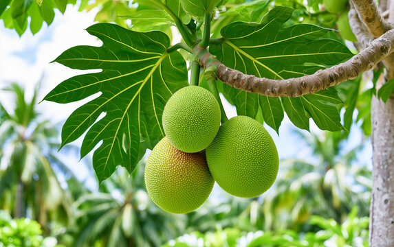 Breadfruit tree branches show green and ripe spiky fruits. Lush foliage surrounds the tropical plant outdoors. Healthy organic harvest grows on tree.