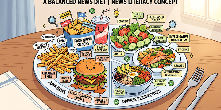 Balanced news diet concept showing comparison between junk news and diverse perspectives with fake news snacks and healthy journalism meal for media literacy.