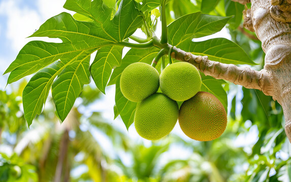 Breadfruit tree branches show green and ripe spiky fruits. Lush foliage surrounds the tropical plant outdoors. Healthy organic harvest grows on tree.