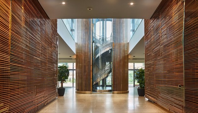elevator made of glass and polished steel stands centered in an open lobby beside a sweeping wooden spiral staircase