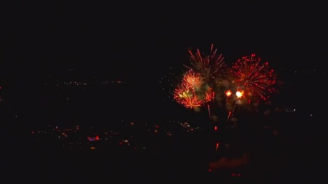 Bright colors fill the night sky as fireworks explode over a city park. People gather to watch the show and enjoy the celebration. The event lights up the dark sky with joy.
