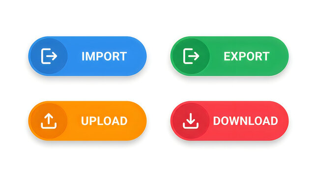 Flat colorful buttons for import export upload download actions