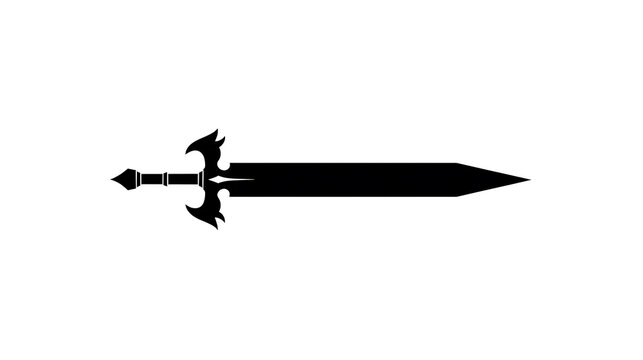 A silhouette of a medieval sword with a pointed blade and intricate hilt, set against a plain background