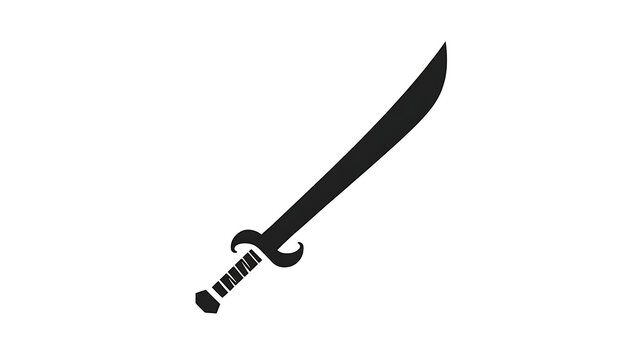 A black silhouette of a curved sword with a hilt and blade isolated on a white background