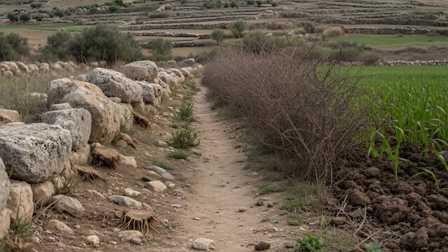 The Parable of the Sower from the Gospels told through ancient field stones silently preserving evidence of shallow roots while neighboring roadside, thorny margins, and fertile soil reveal the remain