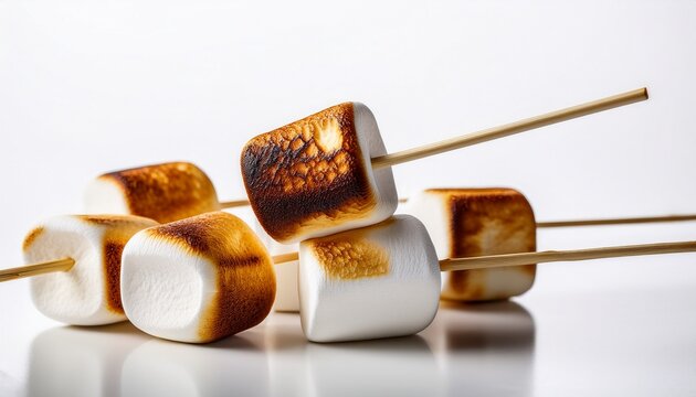 marshmallows on sticks grilled and yummy sit on a white surface seen up close
