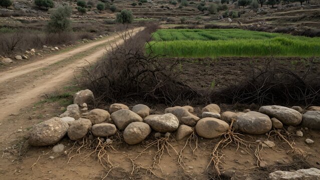 The Parable of the Sower from the Gospels told through ancient field stones silently preserving evidence of shallow roots while neighboring roadside, thorny margins, and fertile soil reveal the remain