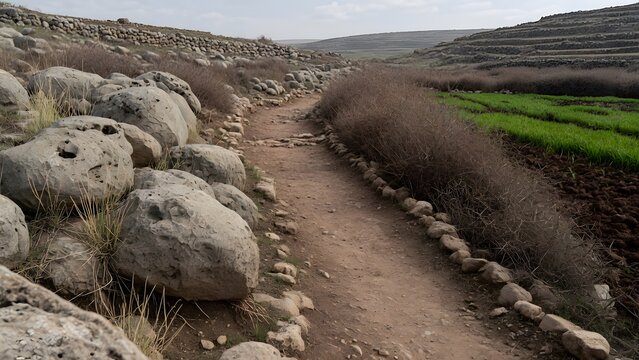 The Parable of the Sower from the Gospels told through ancient field stones silently preserving evidence of shallow roots while neighboring roadside, thorny margins, and fertile soil reveal the remain