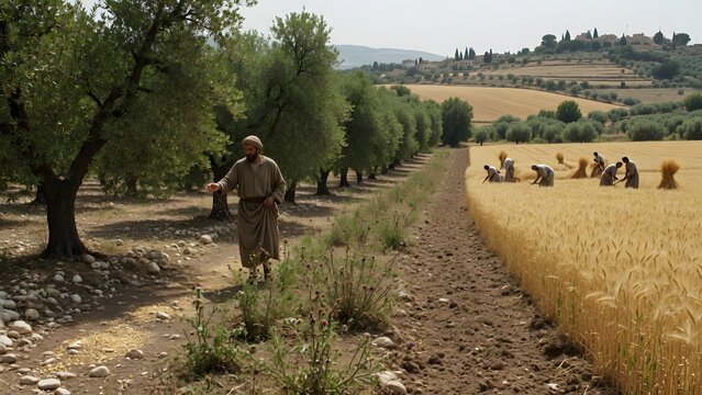 The Parable of the Sower from the Gospels taking place along the edge between grain fields and mature orchards where the farmer's seed reaches four contrasting ground conditions before eventual harves