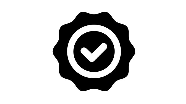 A black and white graphic of a checkmark inside a circle and a jagged seal, representing verification and approval
