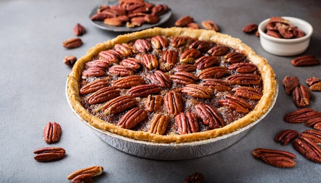 pecan pie with pecans on a gray background