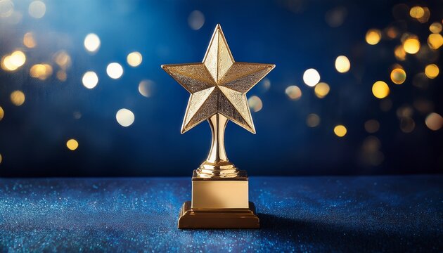 a shiny golden star trophy standing prominently on a dark blue surface with glittering bokeh lights concept for corporate recognition employee appreciation and business excellence