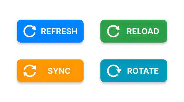Four colorful ui buttons with refresh, reload, sync, rotate icons