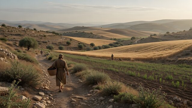 The Parable of the Sower from the Gospels presented as one living landscape where the farmer's journey links every stage from scattered seed to flourishing harvest, a unified countryside rich in histo