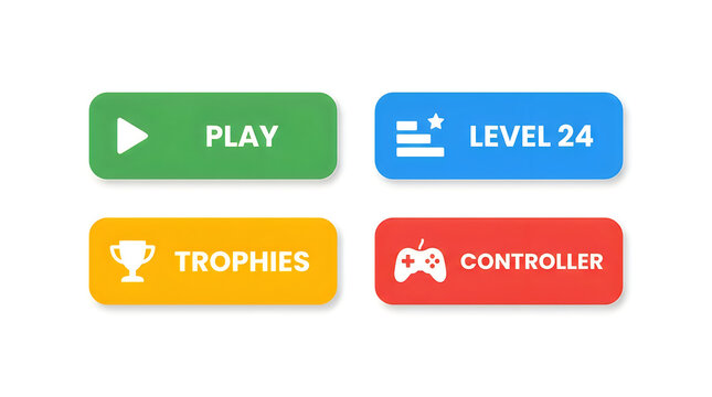 Colorful game ui buttons set with play level trophies controller