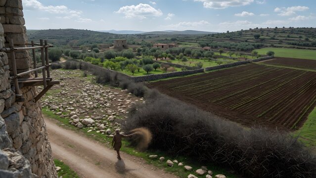 The Parable of the Sower from the Gospels observed from an ancient field watchtower as a farmer scatters seed across a roadside margin, exposed stony ground, an invasive thorn zone, and a productive c