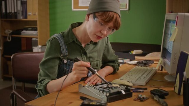 Young adult Caucasian woman soldering electronic component at workshop desk. Footage is perfect for IT support services, engineering education, or hardware repair advertisements