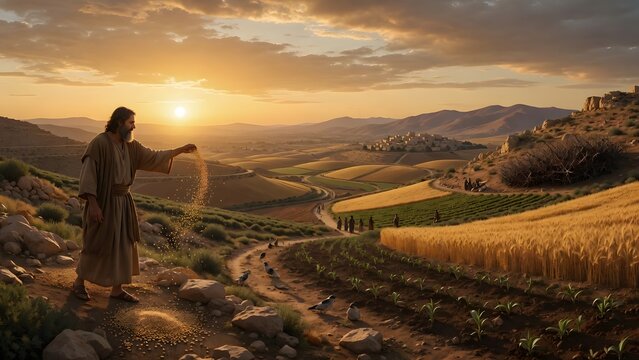 The Parable of the Sower from the Gospels illustrated as an epic panoramic narrative where the farmer's generous sowing connects every terrain into one enduring lesson, a majestic agricultural landsca