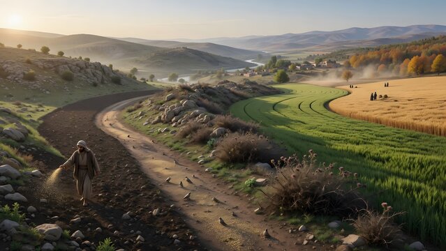 The Parable of the Sower from the Gospels illustrated through one farmer sowing seed while the four soils symbolize successive stages of challenge and fulfillment across a changing countryside, an int
