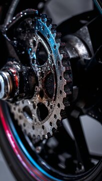 Close-up of a metallic bicycle chainring with water droplets, showcasing intricate gear teeth and a black wheel in the background, emphasizing mechanical details and craftsmanship