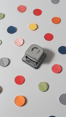 Metal hole puncher positioned on a white surface surrounded by colorful paper circles in various shades of red, blue, green, yellow, and gray