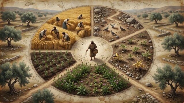 The Parable of the Sower from the Gospels composed as a circular narrative around the farmer, with four soil outcomes occupying separate directional zones and the abundant crop completing the visual c