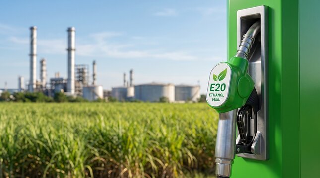Ethanol fuel nozzle in a field of sugarcane with a refinery in the background. The nozzle indicates E20 Ethanol Fuel and features a green leaf symbol, suggesting a renewable energy source