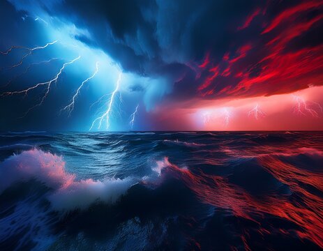 dramatic stormy sea red and blue lightning