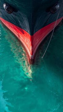 Bow of a large ship with a red and black hull submerged in clear turquoise water, showcasing the underwater reflections and details of the vessel's structure