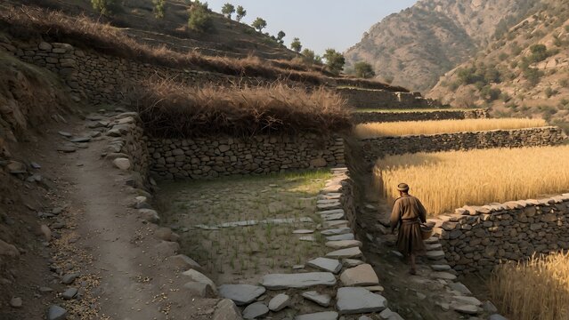 The Parable of the Sower from the Gospels adapted to stepped mountain agriculture, with seeds falling onto a narrow access path, a shallow stone terrace, an abandoned level overtaken by thorn growth, 