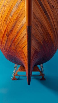 Wooden boat hull with intricate craftsmanship displayed against a solid blue background, showcasing the fine details of the wood grain and construction techniques