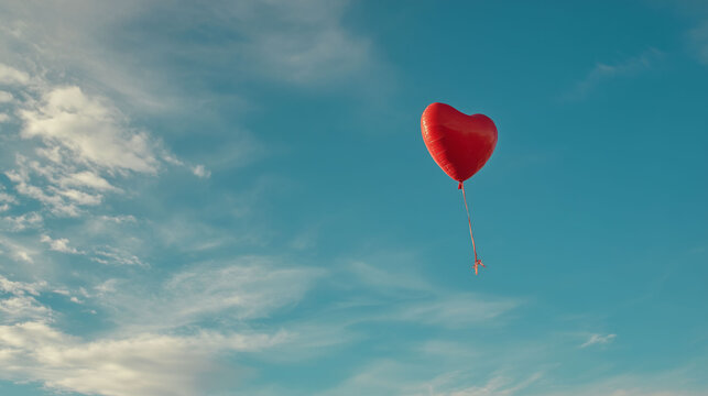 Single red heart balloon soaring through sunny sky with light clouds