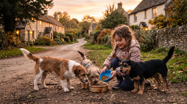 Compassionate Little Child Feeding Stray Dogs on Peaceful Village Road Heartwarming Rural Life Scene