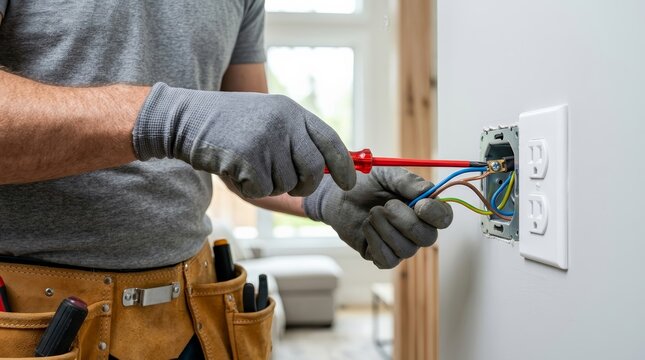 Professional electrician wearing protective gloves connecting electrical wires to a wall outlet.