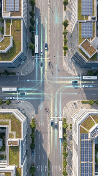 Vertical top down view of glowing smart city data network