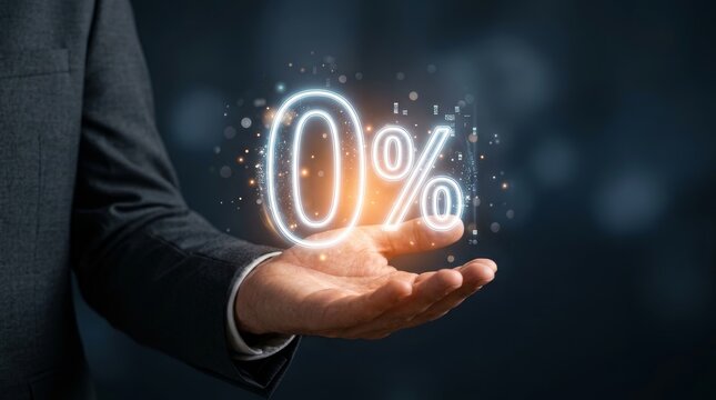 Hand holding a glowing 0% symbol with sparkling lights for zero interest rates and financial growth.