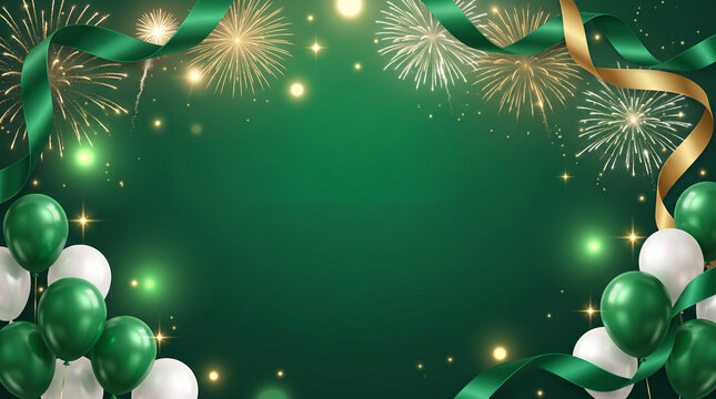 saudi arabia national day green banner with balloons and fireworks