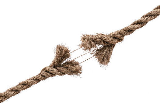 Close up of a thick brown rope breaking or fraying, isolated on white background