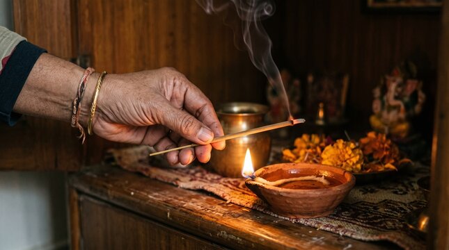 Diwali tradition lighting incense stick near oil lamp and Ganesha idol with marigold flowers
