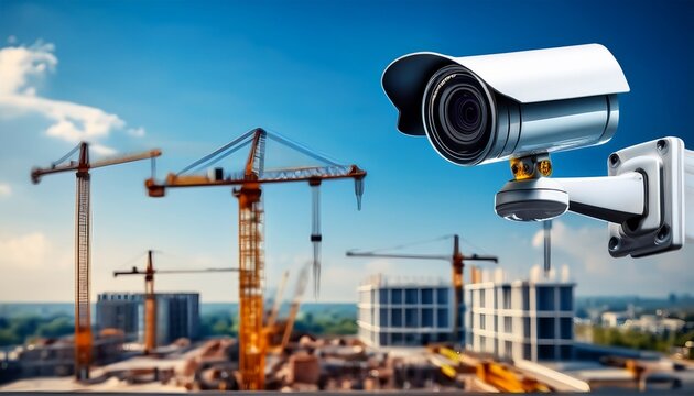 surveillance camera monitoring an active construction site with multiple cranes and building structures blurred in the background during daylight hours