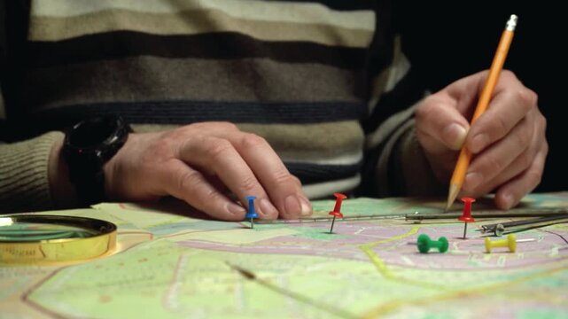 Hands of a person in a striped sweater use a pencil to mark locations on a detailed map, with colorful push pins placed on specific points, showcasing a methodical planning process