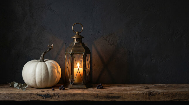 white pumpkin and antique brass lantern on rustic wooden shelf against dark wall