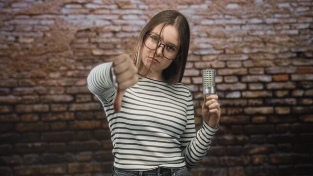 Woman holding led lightbulb shows thumb down to camera in studio with brick wall prop and a shift from earlier thumbs up; disapproval change opinion.