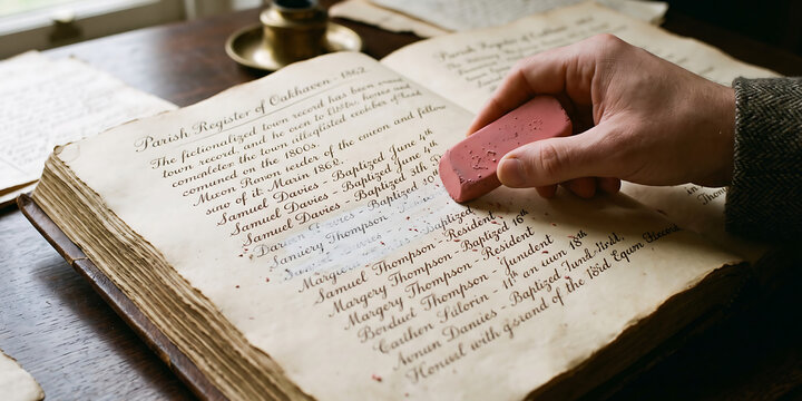 Person erasing ink from an old parish register book using pink eraser detail view showing historical manuscript preservation work on vintage parchment.