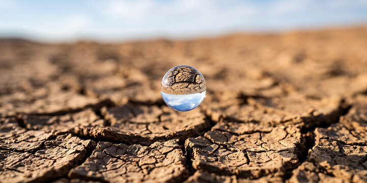 Clear glass orb floating above dry cracked earth representing environmental drought and climate change consequences seen through spherical lens effect.