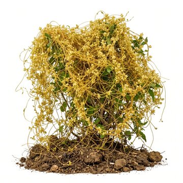 Yellow flowering cuscuta vine plant on soil with parasitic