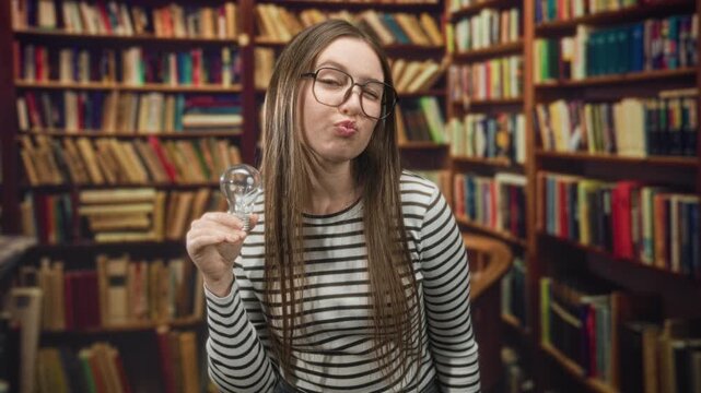 Young woman in striped shirt wearing glasses holding a lightbulb and puckers lips inside a library building while posing with her hand near the bulb; idea creativity playful.