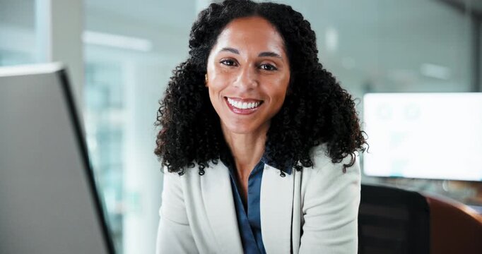 Face, smile and woman in office with computer, research and finance report for bookkeeping. Portrait, business and female person in workplace with tech, financial audit and data entry for investment