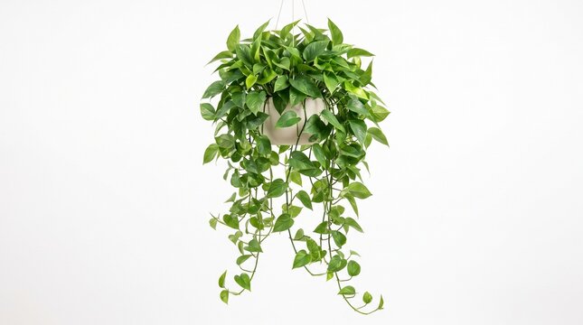 A healthy pothos plant with lush green leaves hangs in a pot, its vines trailing downwards elegantly.
