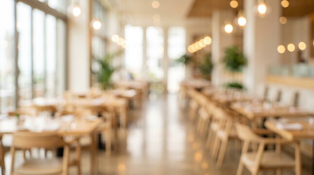 An empty restaurant dining room with tables set and chairs neatly arranged, bathed in natural light from large windows